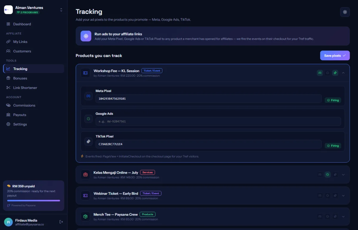 Tracking: your own pixel IDs, per product, firing only on your traffic.