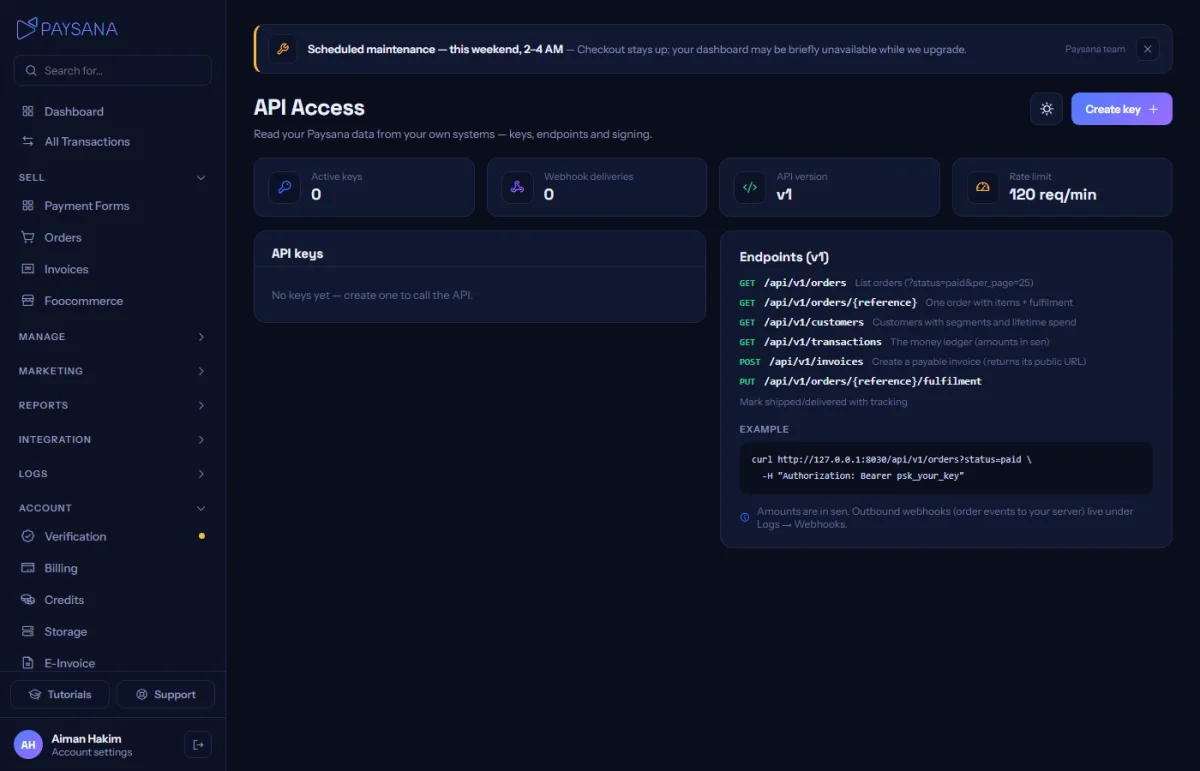 API keys, with the endpoints you can call listed beside them.