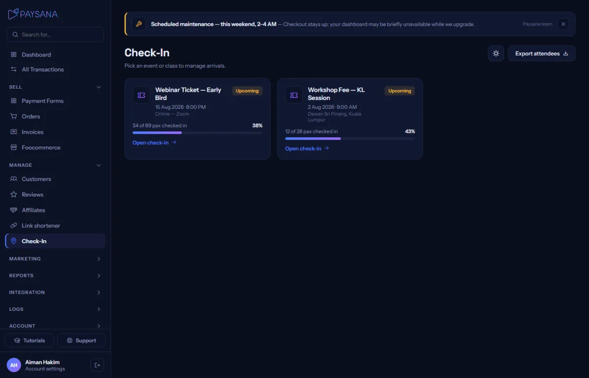 The check-in page. Scan, paste a code, or mark an arrival manually.