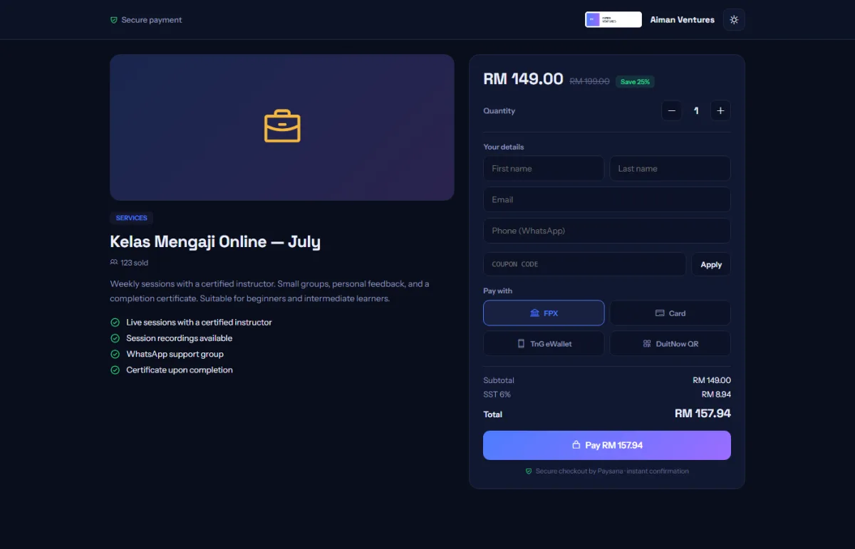 What your buyer sees. Prices, stock and coupons are all checked on our servers when they pay.