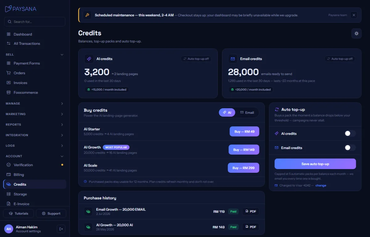 Credits: your balances, how long they will last, top-up packs and auto top-up.