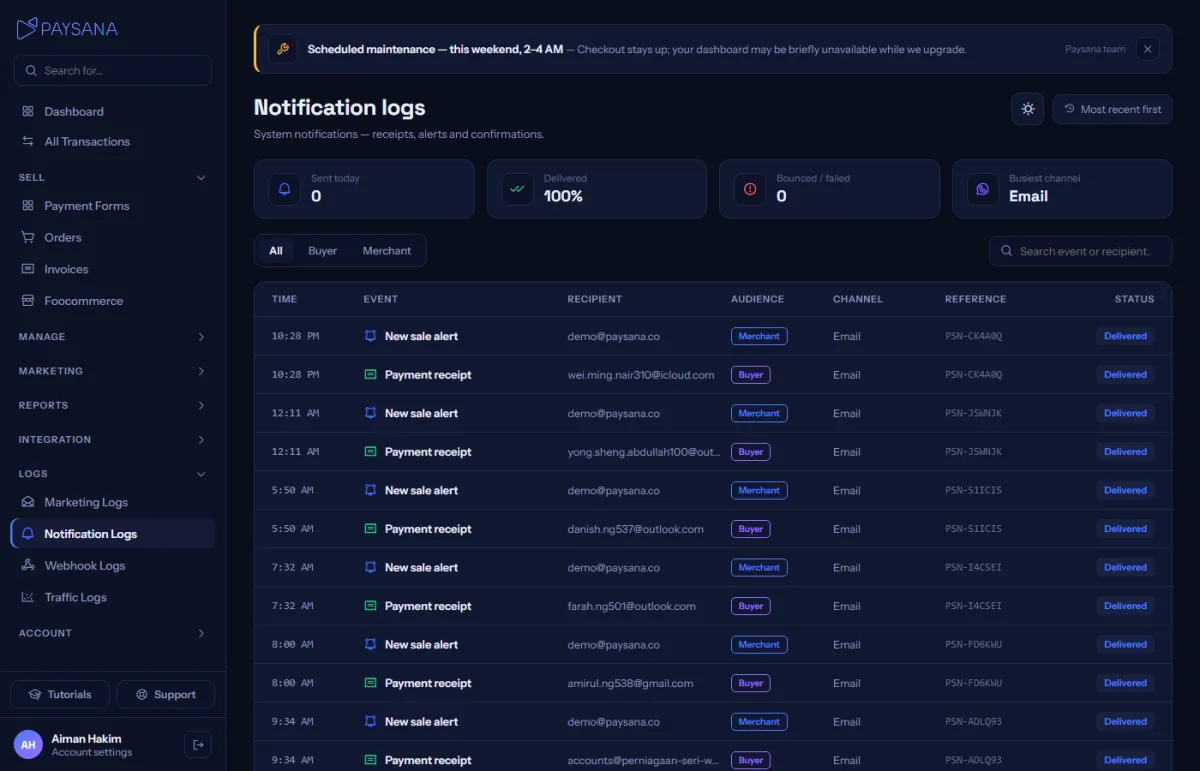 Notification logs. Every message attempt, with its channel and outcome.