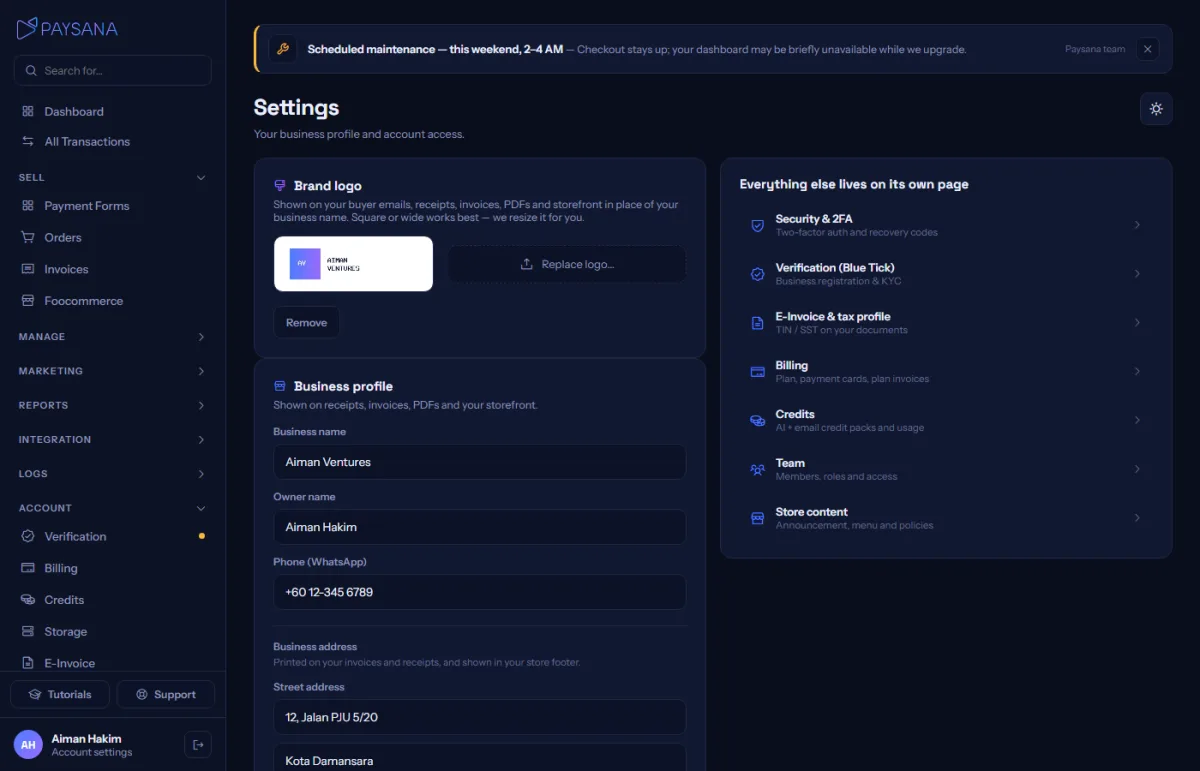Settings, with your business profile, brand logo and links to every other settings page.